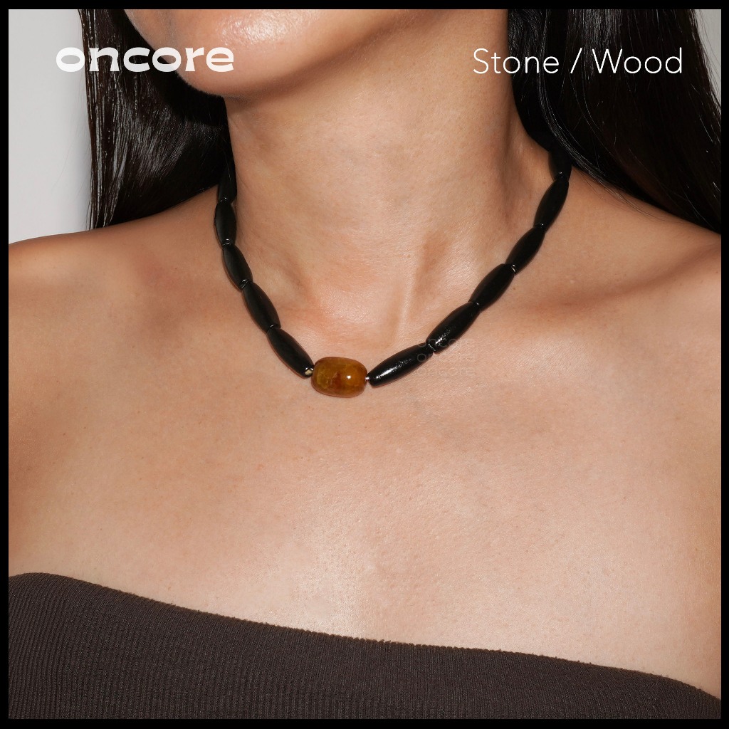 Oncore | Wood&Stone Choker สร้อยคอหินมินิมอล (หินอาเกตเกล็ดมังกร) ลูกปัดไม้สีดำ ออริจินอลดีไซน์