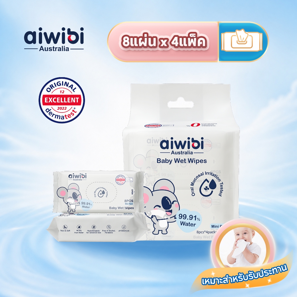 Aiwibi ทิชชู่เปียกเด็ก สูตรน้ำบริสุทธิ์ 99.91% ขนาดมินิ พกพาง่าย อ่อนโยน (แพ็ค 4 ชิ้น) ไร้สารเคมี
