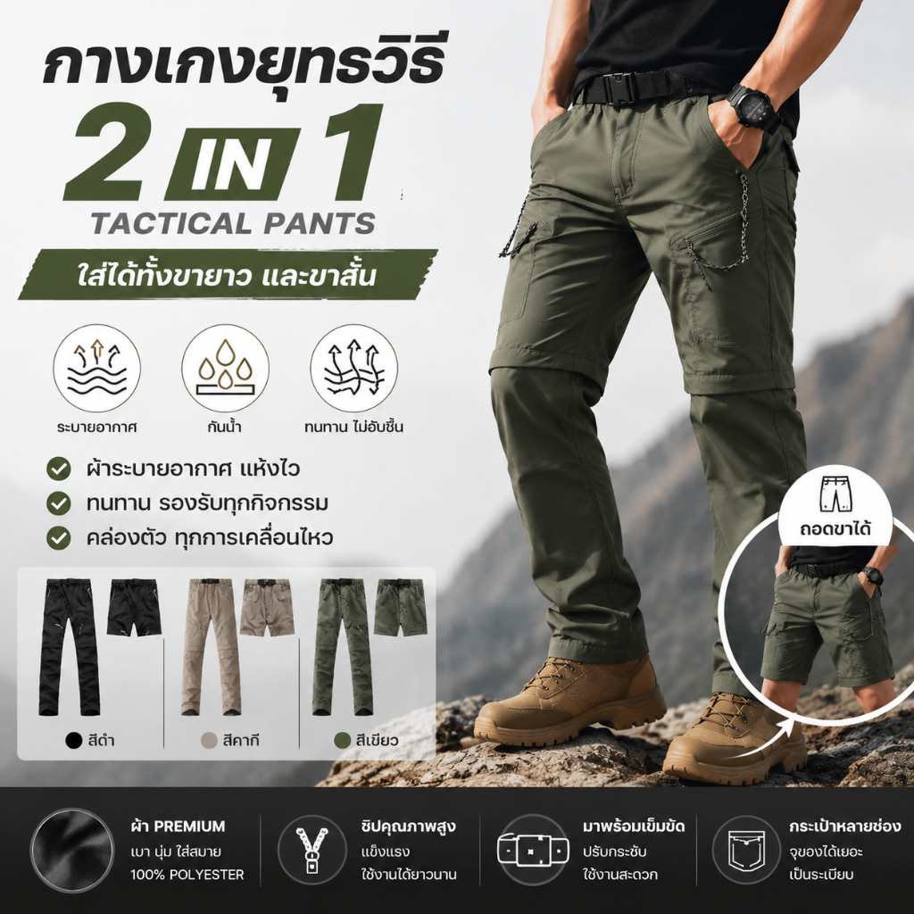 กางเกงยุทธวิธี 2-in-1 รุ่นใหม่ กันน้ำ ระบายอากาศได้ดี และทนทาน เหมาะสำหรับกิจกรรมกลางแจ้งและการเดินป่า