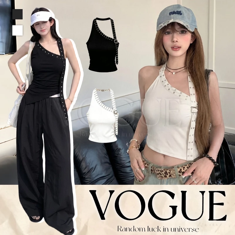 Vogue🌟พร้อมส่ง🌟 เสื้อกั๊กคล้องคอเฉียงตกแต่งสตั๊ด ทรงครอปโชว์เอว ผ้ายืดระบายอากาศดี (FY2940#1)
