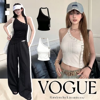 Vogue🌟พร้อมส่ง🌟 เสื้อกั๊กคล้องคอเฉียงตกแต่งสตั๊ด ทรงครอปโชว์เอว ผ้ายืดระบายอากาศดี (FY2940#1)