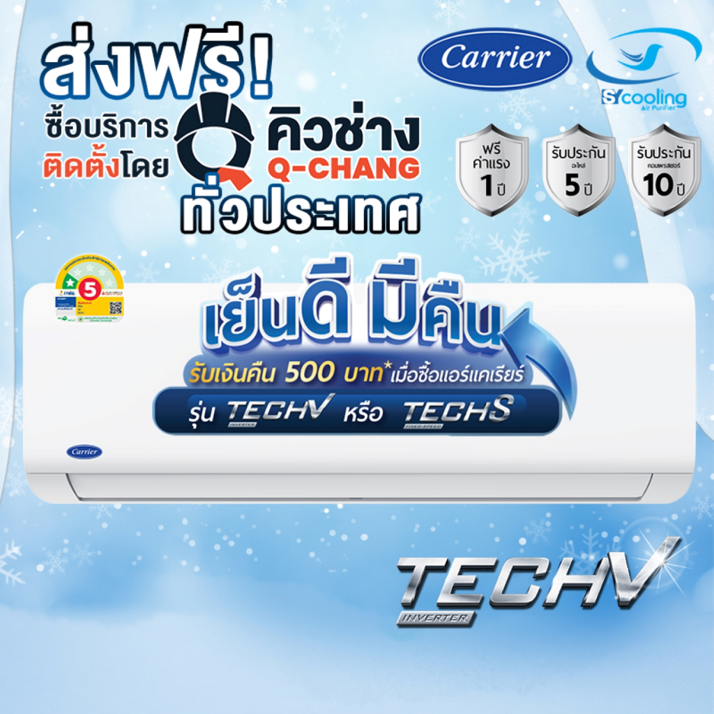 Carrier แอร์ระบบ Inverter รุ่น Tech V (NVAA) ขนาด 9,000 - 24,000 BTU ปี 2026 (ส่งเฉพาะเครื่อง+รับการ