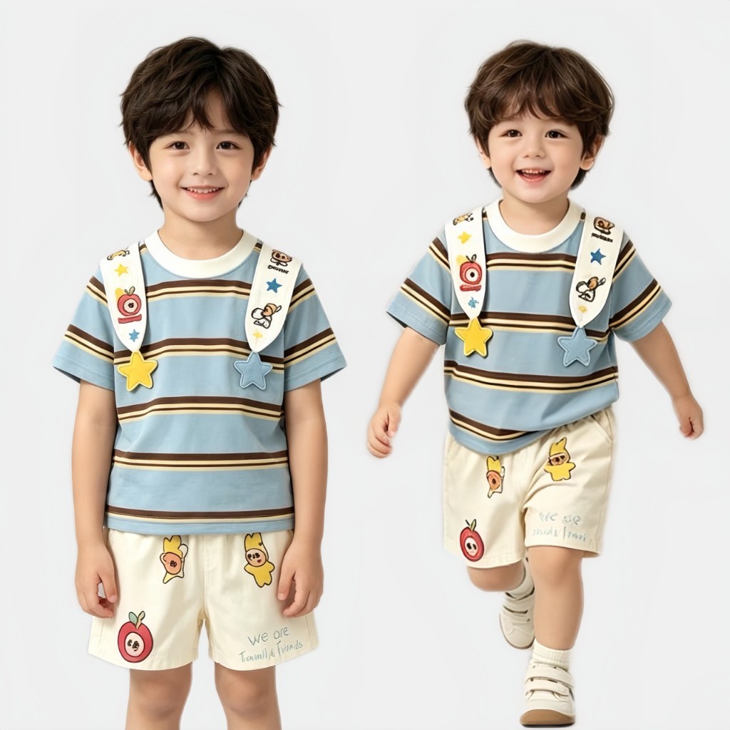 BB347 ชุดเด็กผู้ชายสไตล์คิวท์ เสื้อยืดลายทางฟ้า ตกแต่งสายสะพายการ์ตูน คู่กางเกงลายการ์ตูน