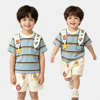 BB347 ชุดเด็กผู้ชายสไตล์คิวท์ เสื้อยืดลายทางฟ้า ตกแต่งสายสะพายการ์ตูน คู่กางเกงลายการ์ตูน