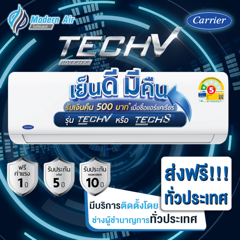 Carrier แอร์ระบบ Inverter รุ่น Tech V (NVAA) ขนาด 9,000 - 24,000 BTU ปี 2026  ส่งเฉพาะเครื่อง+รับการติดตั้งโดย Q-Chang