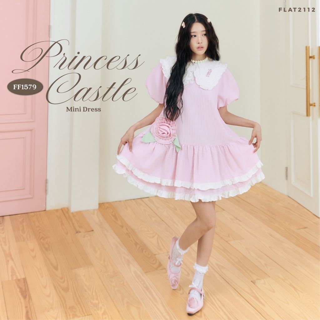 FLAT2112 : PRINCESS CASTLE MINI DRESS เดรสสั้นสีชมพูพาสเทล เดรสแต่งดอกกุหลาบ เดรสลูกคุณ เดรสสไตล์เกาหลี (FF1579)