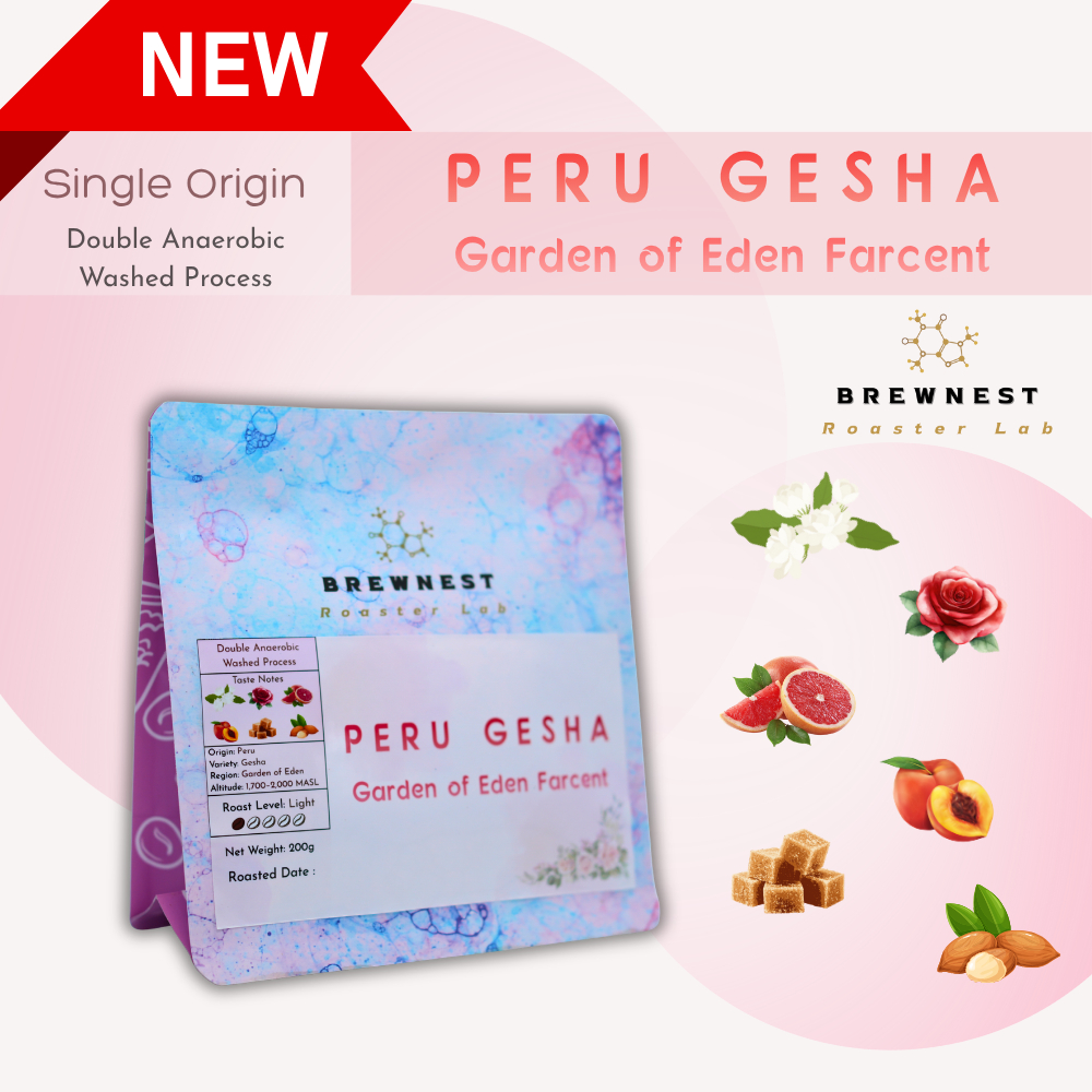 เมล็ดกาแฟคั่วอ่อน Peru Garden of Eden Farcent Gesha | Double Anaerobic Washed | Light Roast | BrewNest Roaster Lab