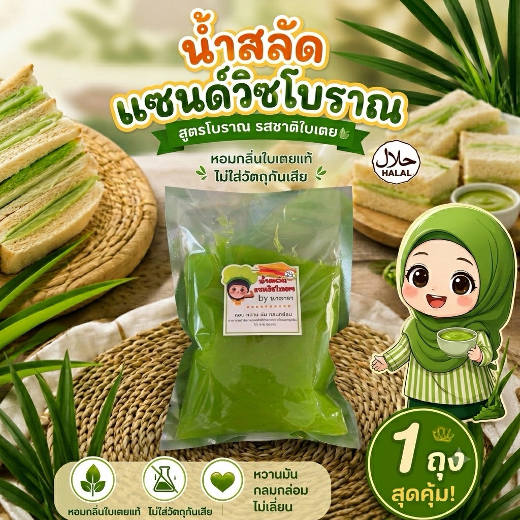 นำ้สลัดแซนวิชรสใบเตยแท้ หอมหวานมัน กลมกล่อม ไม่ใส่สารกันบูดใดๆทั้งสิ้น น้ำหนัก 1 kg