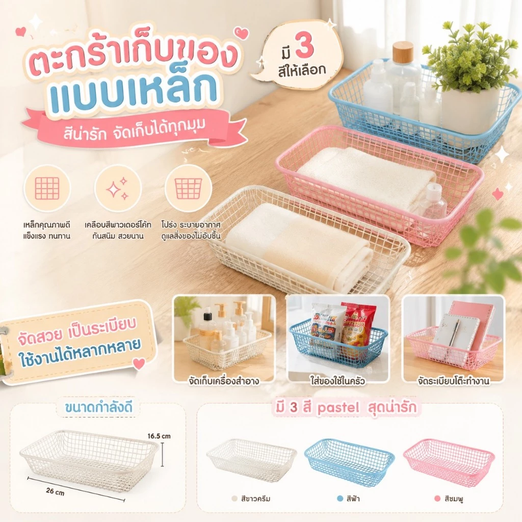 ตะกร้าเก็บของแบบเหล็ก มี 3 สีให้เลือก สีน่ารัก