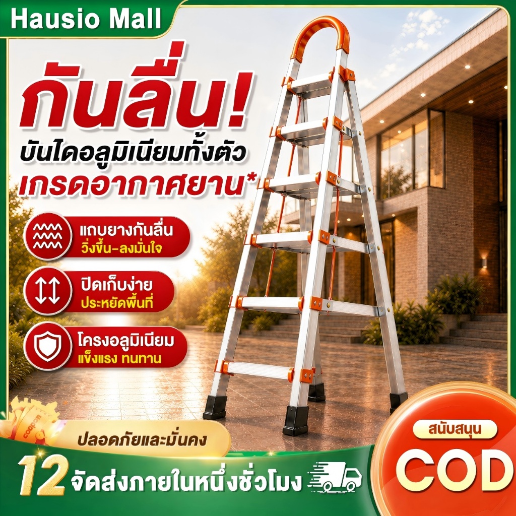บันได บันไดอลูมิเนียมพับได้ มีราวจับ 3-7 ขั้น บันไดบ้าน ขั้นกว้างกันลื่น รับน้ำหนัก150KG พับเก็บง่าย ใช้งานได้หลายแบบ