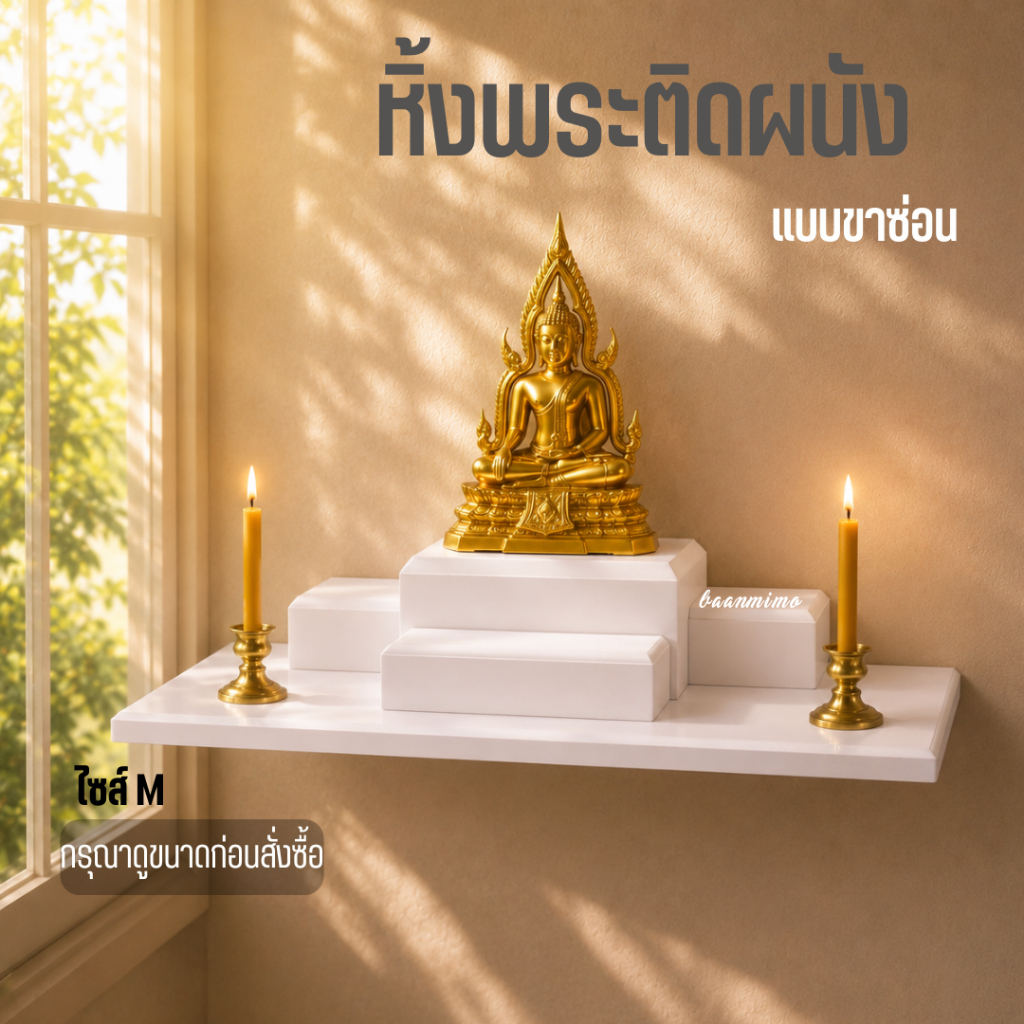 หิ้งพระโมเดิร์น (เจาะ) ติดผนัง ไซส์ M วัสดุกันน้ำ พร้อมขายึดสแตนเลสครบชุดไม่ต้องซื้อเพิ่ม