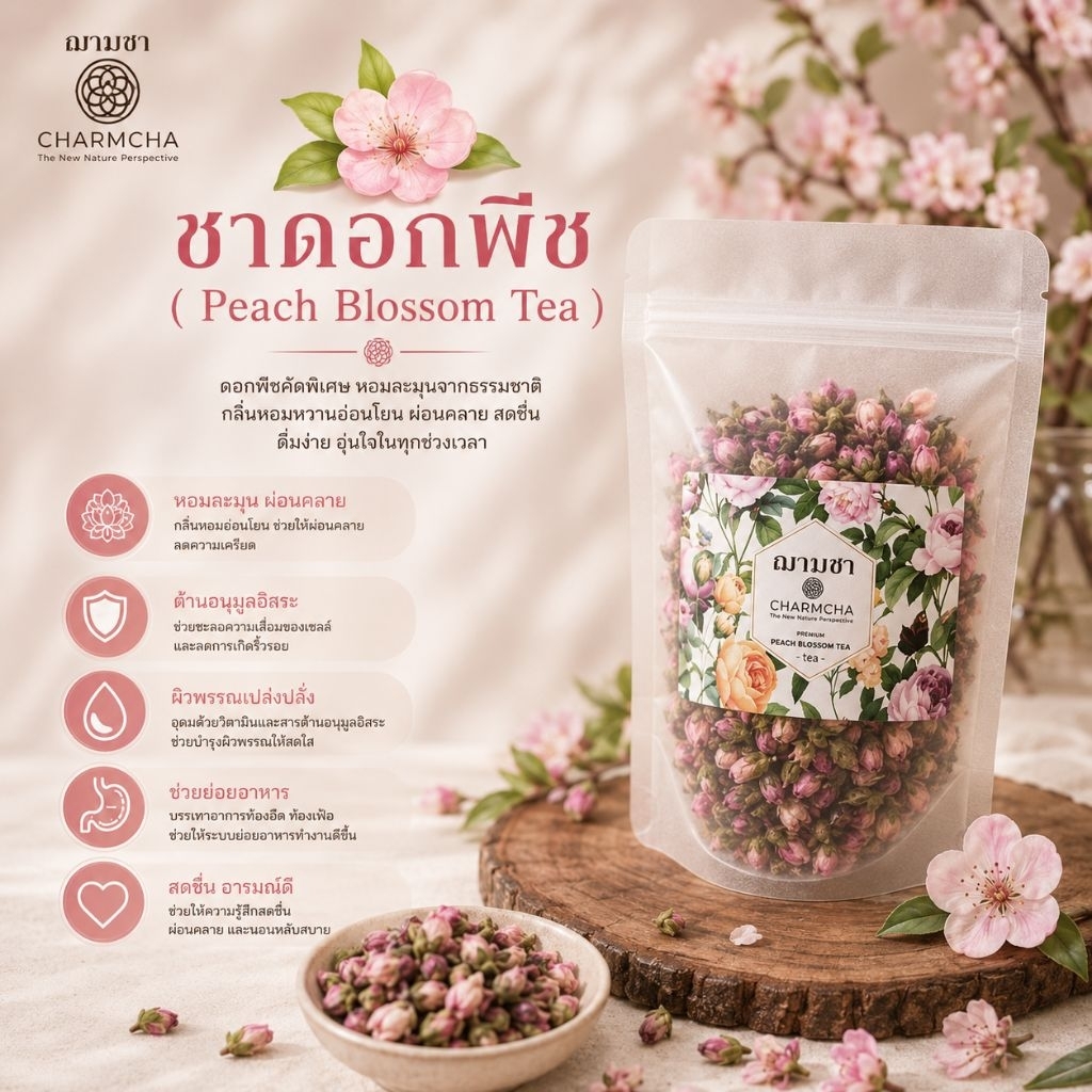 ชาดอกพีช (Peach Blossom Tea) ช่วยบำรุงผิว ลดริ้วรอยก่อนวัย  ช่วยทำให้ผิวดูอ่อนกว่าวัย ชาดอกไม้ Charmcha ฌามชา