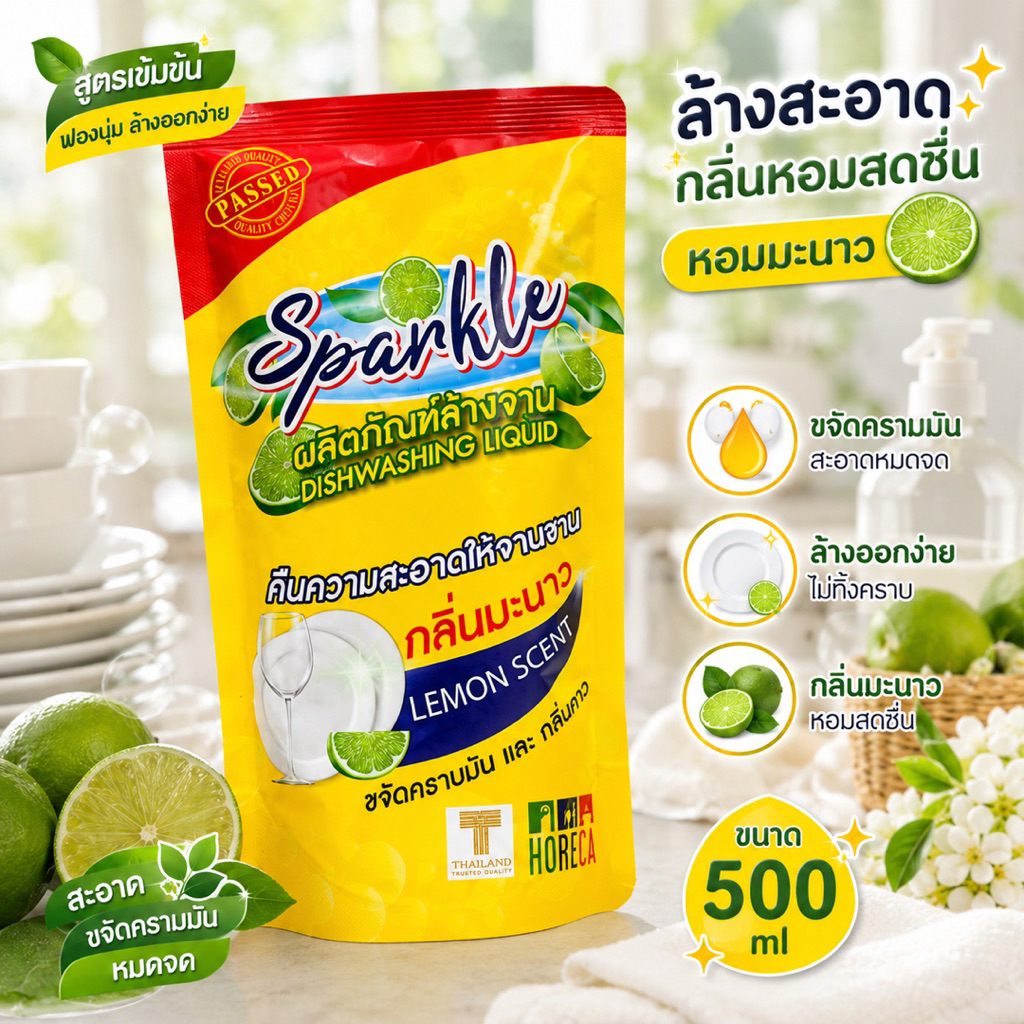 Sparkle น้ำยาล้างจาน กลิ่นมะนาว 500ml | สูตรเข้มข้น ขจัดคราบมัน ฟองนุ่ม ล้างออกง่าย ถุงเติม