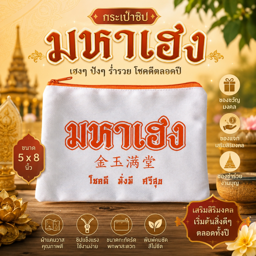 กระเป๋าด้อมส้ม มหาเฮง แจก ของขวัญ ของชำร่วยพร้อมสกรีน  (มีซิปขนาด 5x8นิ้ว)