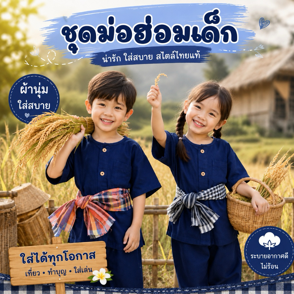 🔥ส่งไว จาก กทม🔥ชุดม่อฮ่อมเด็ก ม่อฮ่อม ชุดชาวนา ชุดไทย พื้นบ้าน พร้อมผ้าคาดเอว