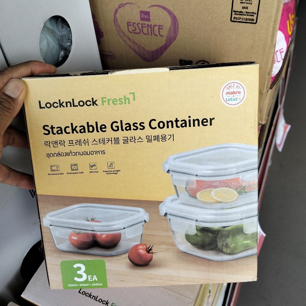 LocknLock Fresh ชุดกล่องแก้วถนอมอาหารดีไซน์วางซ้อนได้ (บรรจุ 3 ชิ้น/ชุด) – ล็อกแน่นสนิท ไร้สาร BPA