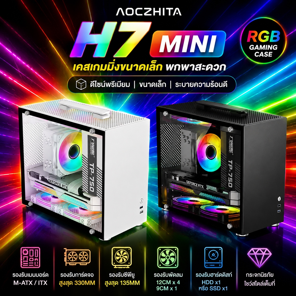 AOCZHITA H7 MINI เคสคอมพิวเตอร์เกมมิ่ง Mini ITX / M-ATX กระจก Tempered Glass รองรับการ์ดจอ 330MM รองรับพัดลม 5 ตัว เคส R