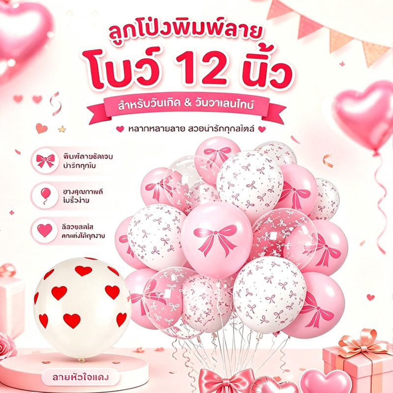 กรุงเทพพร้อมส่ง ลูกโป่ง12นิ้ว พิมพ์ลายโบว์&หัวใจ สีชมพู ตกแต่งวันเกิด วาเลนไทน์ ไม่รั่วง่าย