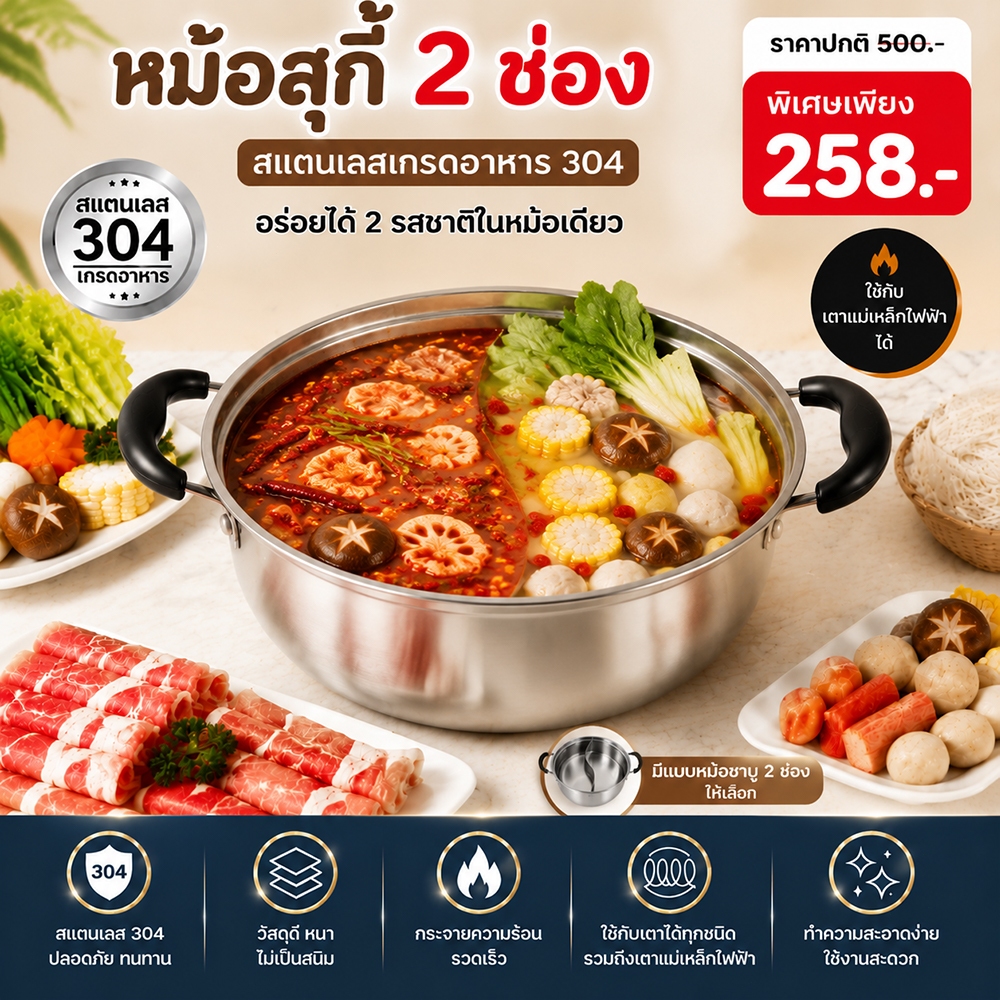 หม้อสุกี้2ช่อง สแตนเลส304เกรดอาหารทนทาน ใช้กับเตาแม่เหล็กไฟฟ้าได้ หม้อต้มอเนกประสงค์ ไม่ติดหม้อ เครื่องครัวบ้าน ขายดี