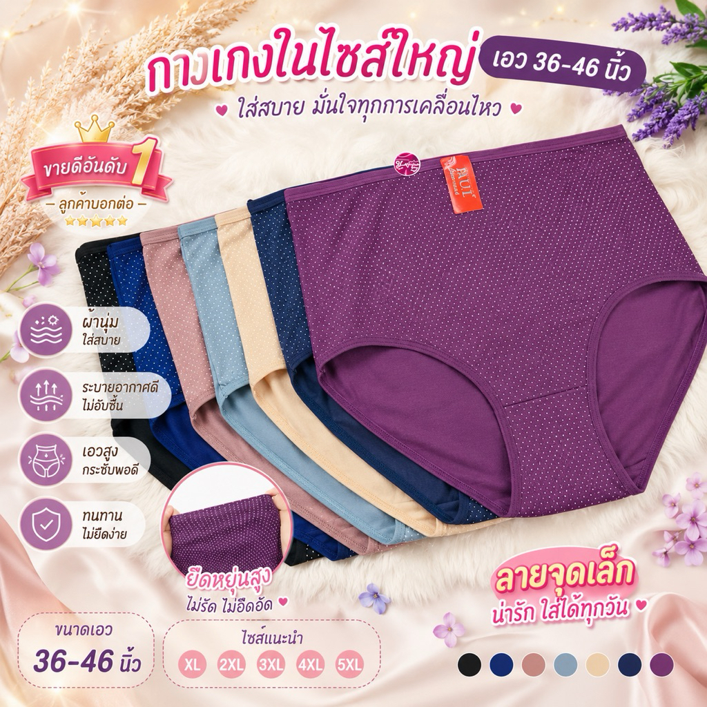 💥กางเกงในไซร์จัมโบ้แบบเต็มตัวเอว36-46 ผ้านุ่มใส่สบาย ลายจุดเล็ก