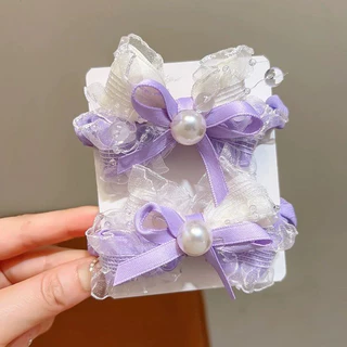 ยางรัดผมโบว์ตาข่ายประดับมุก ที่คาดผมสำหรับเด็กผู้หญิงน่ารัก ยืดหยุ่นสูง เหมาะสำหรับโอกาสต่างๆ