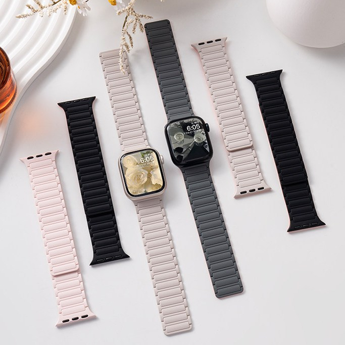 Hills สายนาฬิกา Apple Watch 1-11/Ultra1-3/SE3 ซิลิโคนแม่เหล็ก3ลูกปืน สายรัดแม่เหล็กซิลิโคนสีดอกโบตั๋นเหมาะสําหรับ