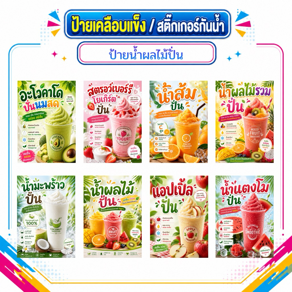 ป้ายน้ำผลไม้ปั่น มะพร้าวปั่น อะโวคาโดปั่น แตงโมปั่น กล้วยปั่น สตรอว์เบอร์รีปั่น หลากหลายเมนู