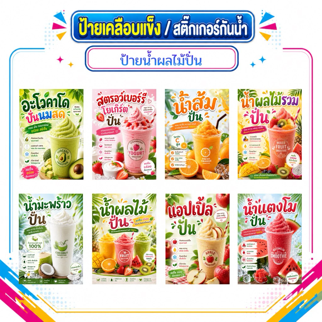 ป้ายน้ำผลไม้ปั่น มะพร้าวปั่น อะโวคาโดปั่น แตงโมปั่น กล้วยปั่น สตรอว์เบอร์รีปั่น หลากหลายเมนู