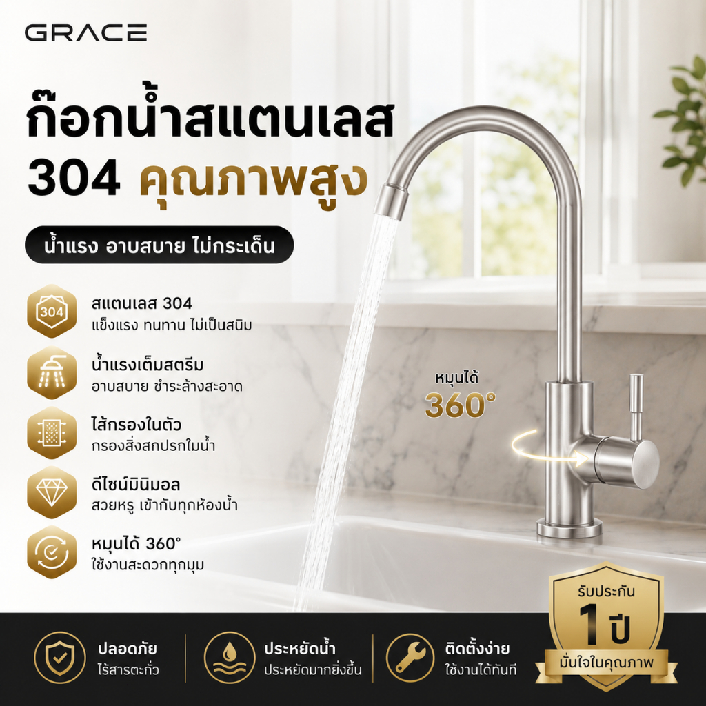 Grace ก๊อกน้ำสแตนเลส 304 คุณภาพพรีเมียม แข็งแรงไม่เป็นสนิม ทนทานใช้งานยาวนาน ติดตั้งง่าย ใช้ได้ทั้งครัวและห้องน้ำ