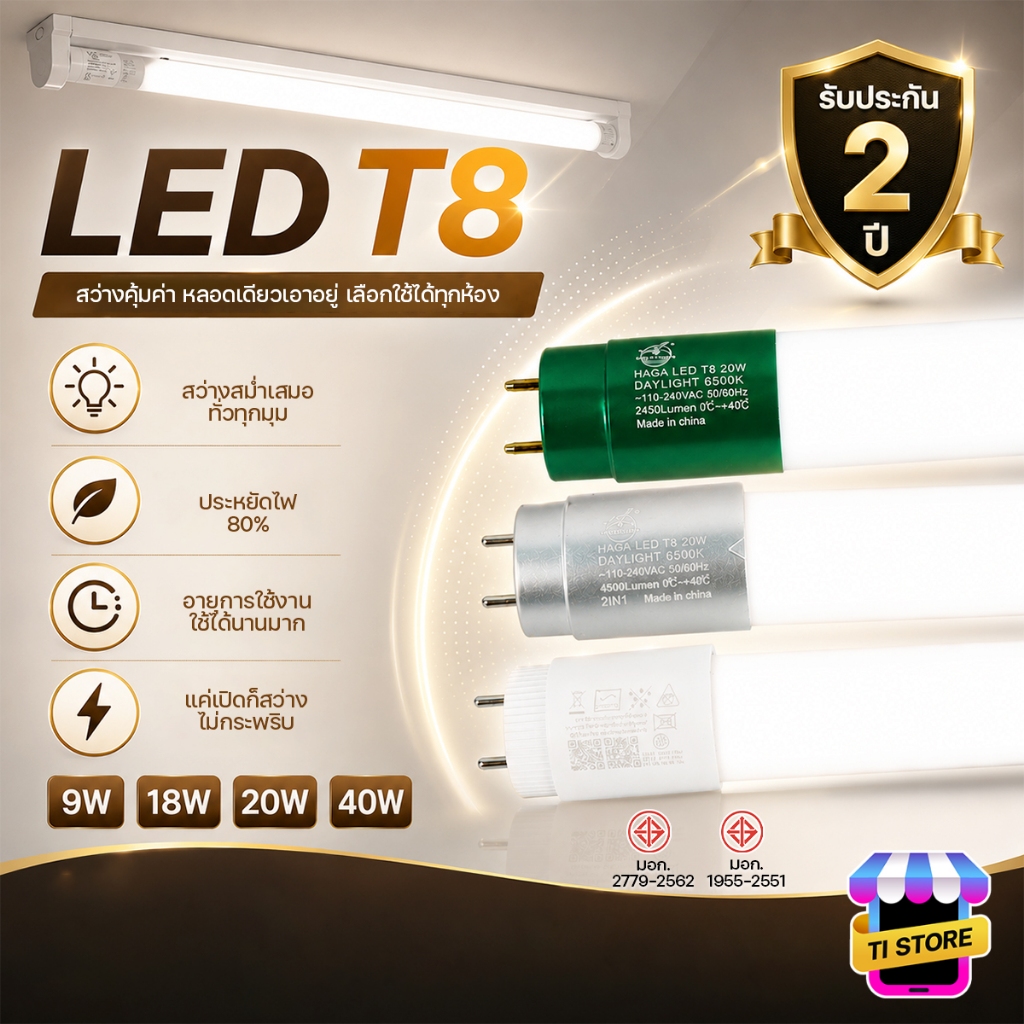 ไฟยาว LED T8 9W/18W/20W/40W ใช้ไฟบ้าน รับประกัน2ปี ผ่านมาตรฐาน มอก. ประหยัดสุด สว่างมาก รุ่น HL-T8