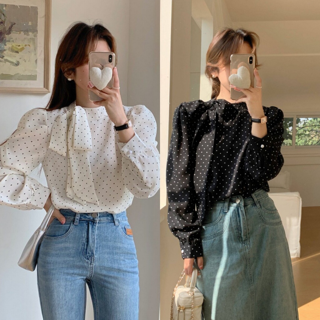 Beryl พร้อมส่ง เสื้อเชิ้ตผู้หญิง เสื้อยืดแขนยาวจุดโบว์ สไตล์เกาหลี นุ่มสวย ใส่ทำงานได้ โบว์คอ น่ารักอ่อนหวาน