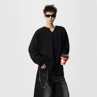 PROMAN เสื้อแขนยาวคอวีลายฮาวน์ทูธผู้ชาย ผ้านุ่มระบายอากาศ ดีไซน์เรียบง่ายสีพื้น ใส่ได้ทั้งชายและหญิง ทรงหลวมจับคู่ง่าย
