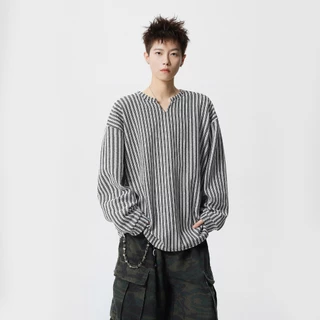 PROMAN เสื้อแขนยาวคอวีลายฮาวน์ทูธผู้ชาย ผ้านุ่มระบายอากาศ ดีไซน์เรียบง่ายสีพื้น ใส่ได้ทั้งชายและหญิง ทรงหลวมจับคู่ง่าย