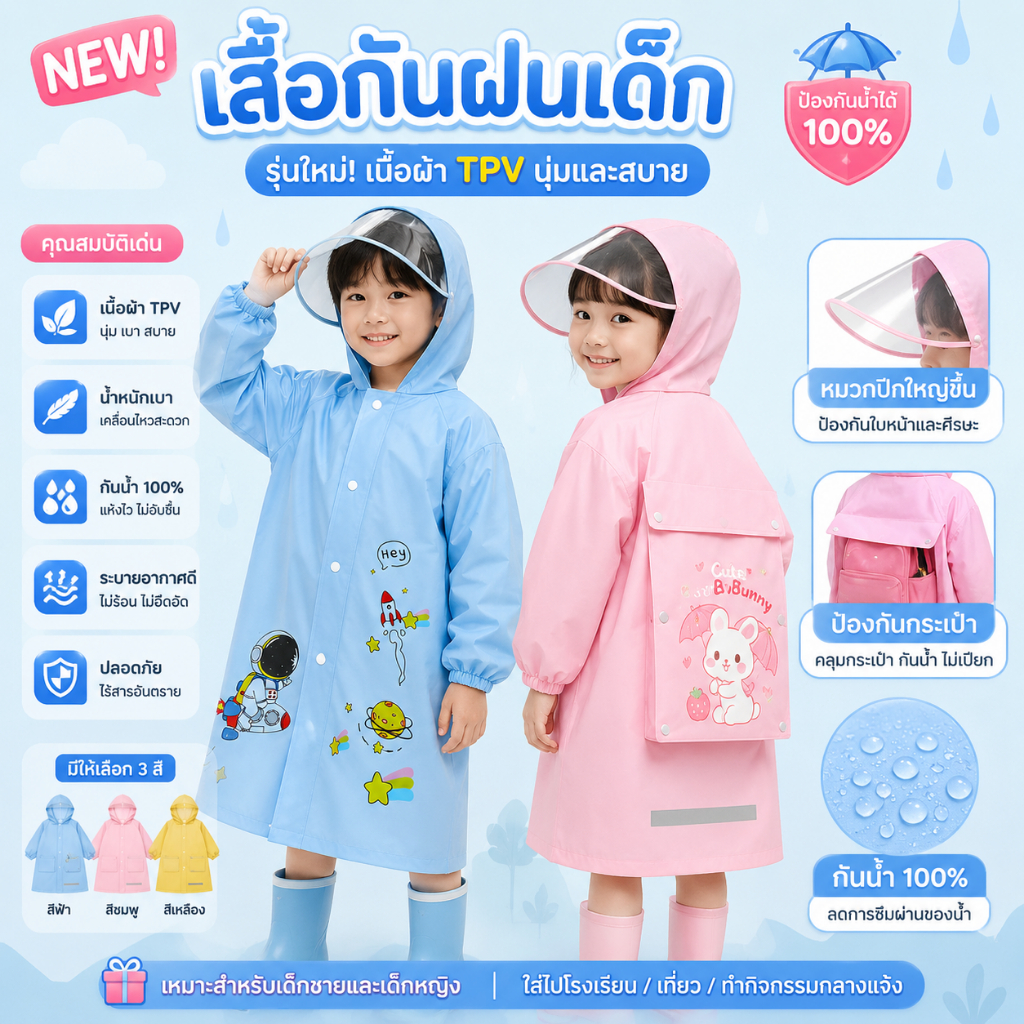 เสื้อกันฝนเด็ก ดีไซน์น่ารัก ใส่สบายทุกโอกาส