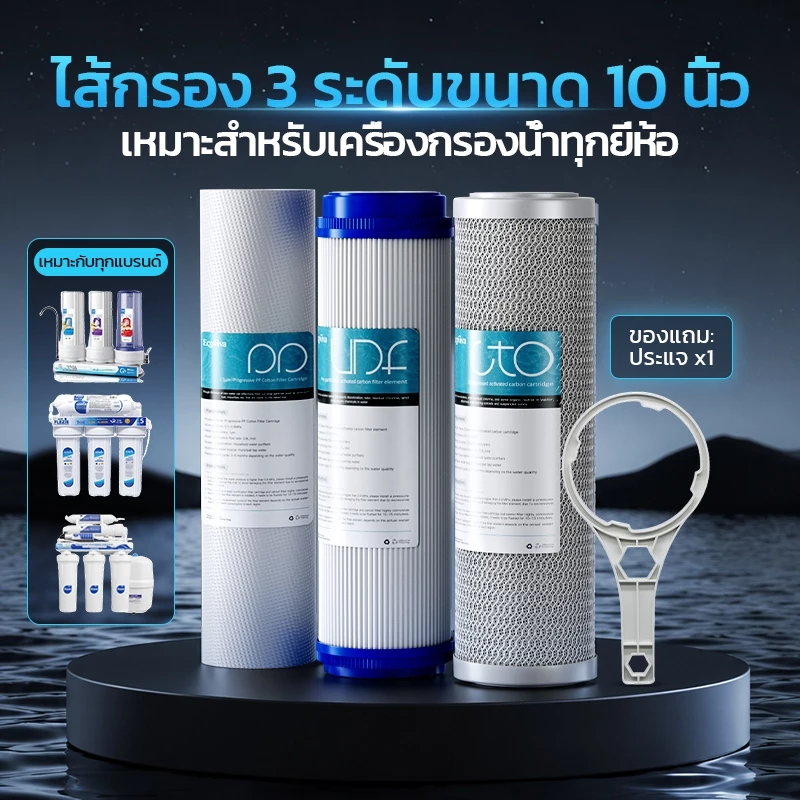 ไส้กรอง Set 3 ขั้นตอน ขนาด 10 นิ้ว ไส้กรองน้ำ 3 ขั้นตอน ชุดไส้กรองน้ำ มาตรฐาน 10" PP, UDF(GAC),CTO
