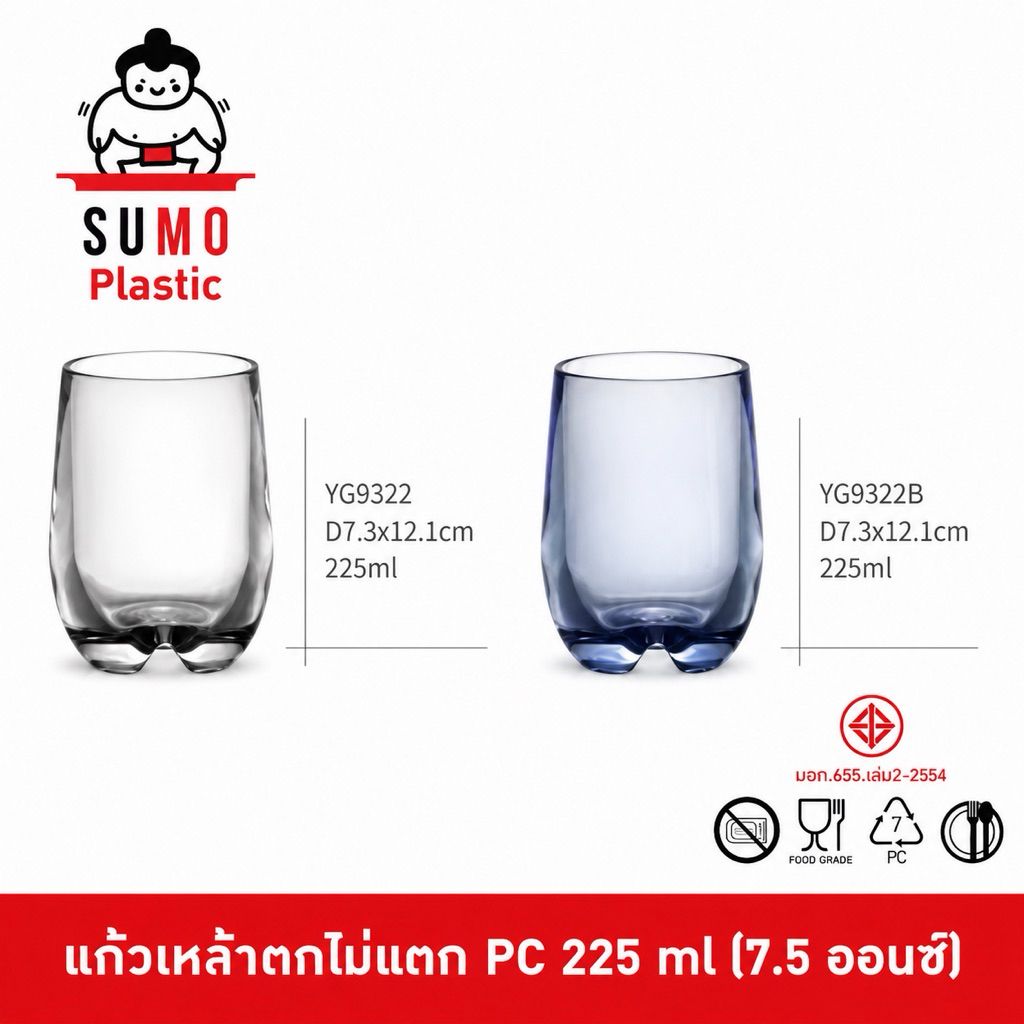 SUMO แก้วไวน์, เหล้าตกไม่แตก PC Food Grade แก้วโพลีคาร์บอเนต เหมาะสำหรับโรงแรมร้านอาหาร 225 ml. (7.5 ออนซ์) YG9322