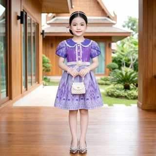 ชุดไทยเด็ก รุ่นมินิเดรสลูกสาว งานผ้าฝ้ายพิมพ์ลาย