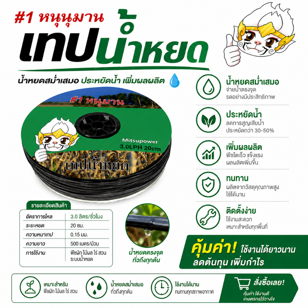 *ถูกที่สุด*เทปน้ำหยด สายน้ำหยด เทป สายส่ง ทุกยี่ห้อ  ระยะห่าง 10-30 cm ยาว 1,000 เมตร เทปหนา ทนทาน