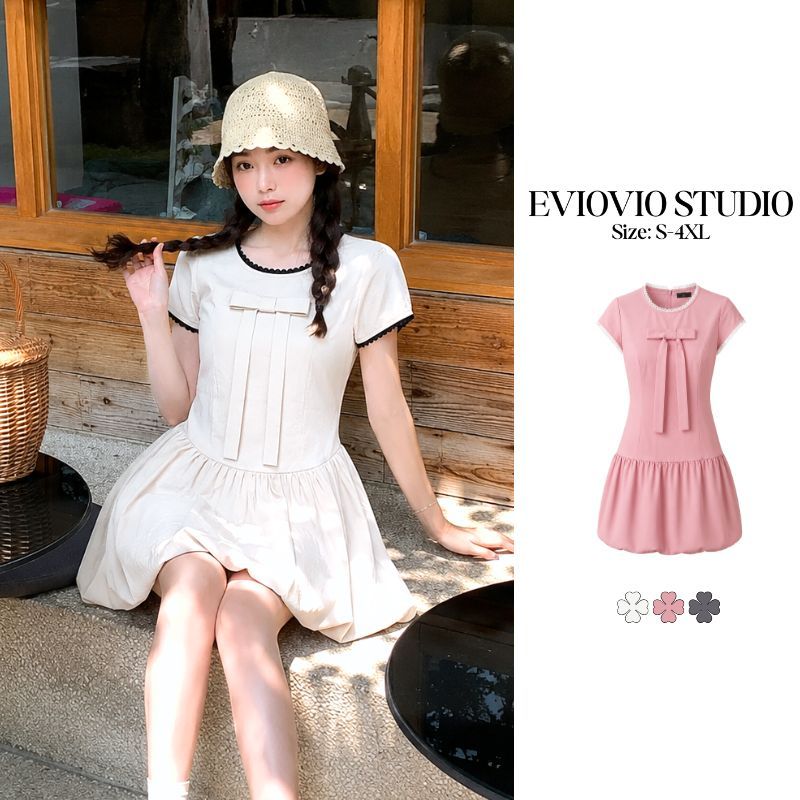 S-4XL【EVIOVIO】🍭เดรสโบว์มินิมอล Old Money ซิปหลัง พรางหุ่น ใส่ออกงาน ลุคผู้ดี ชุดสาวอวบ ชุดสาวพลัสไซส์ พร้อมส่งในไทย🎀