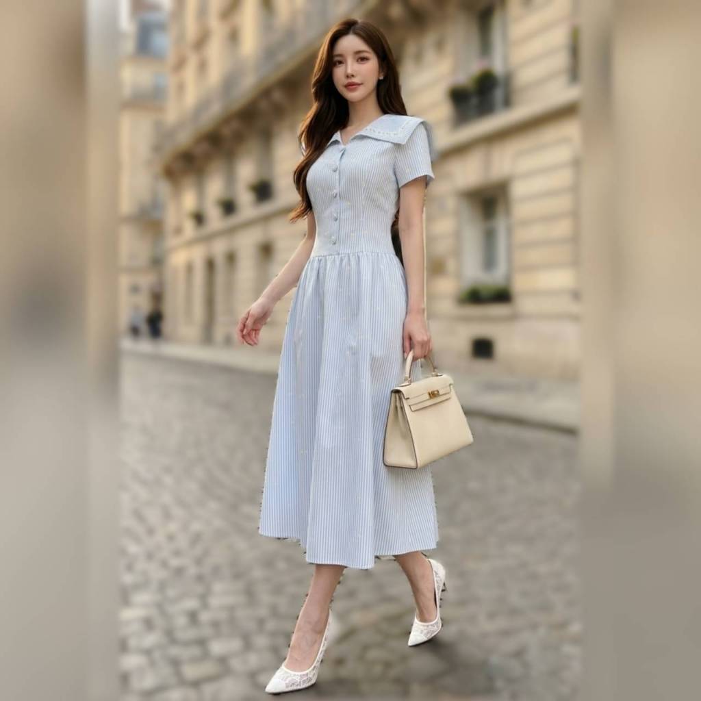 ชุดเดรสยาว ลายทางสีฟ้า คอปกกะลาสีแต่งขอบ กระดุมหน้า ทรงบาน เอวเข้ารูป (OR21981)