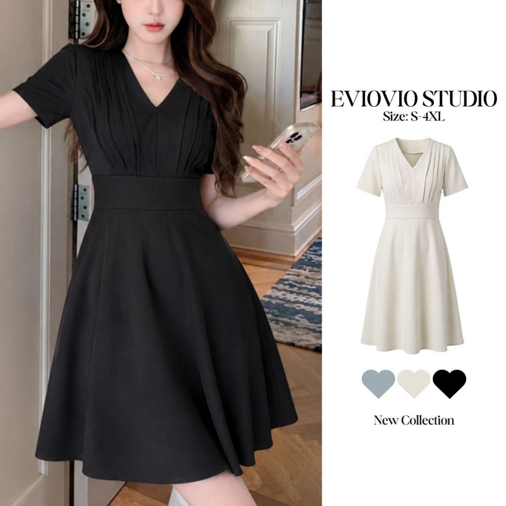 🥕S-4XL 【EVIOVIO】เดรสออกงานทรงเอ ดีไซน์เนี๊ยบ เรียบหรูดูแพง เสริมลุคคุณหนูสุดสง่า ชุดไปทำงาน เดรสสาวอวบ พร้อมส่ง🌿