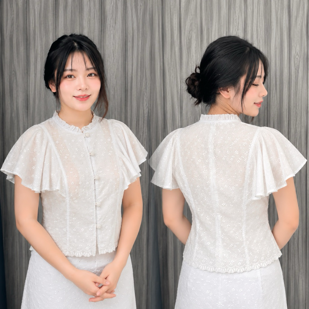 เสื้อลูกไม้ฉลุแขนแต่งระบาย งานพรีเมี่ยมไม่รัดต้นแขน