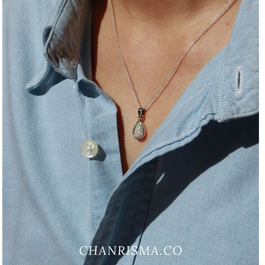 ✅ Chanrisma.Co - Opal  Necklace With Tear Drop Cut สร้อยคอเงินชุบด้วยทองคำขาว | Sterling Silver  Unisex Apparel