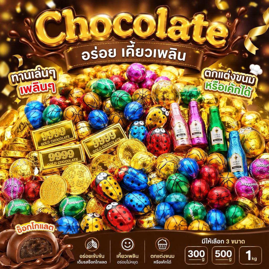 Chocolate ขนมช็อคโกแลตเคลือบฟอย หลากสีสัน หลากรูปแบบ