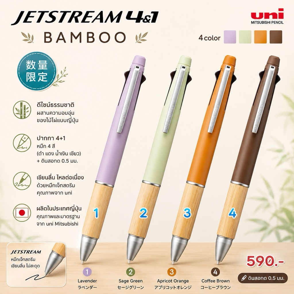 พร้อมส่ง !!!! ปากกา jetstream 4+1 bamboo v.2 สีพิเศษ 3.2/2025