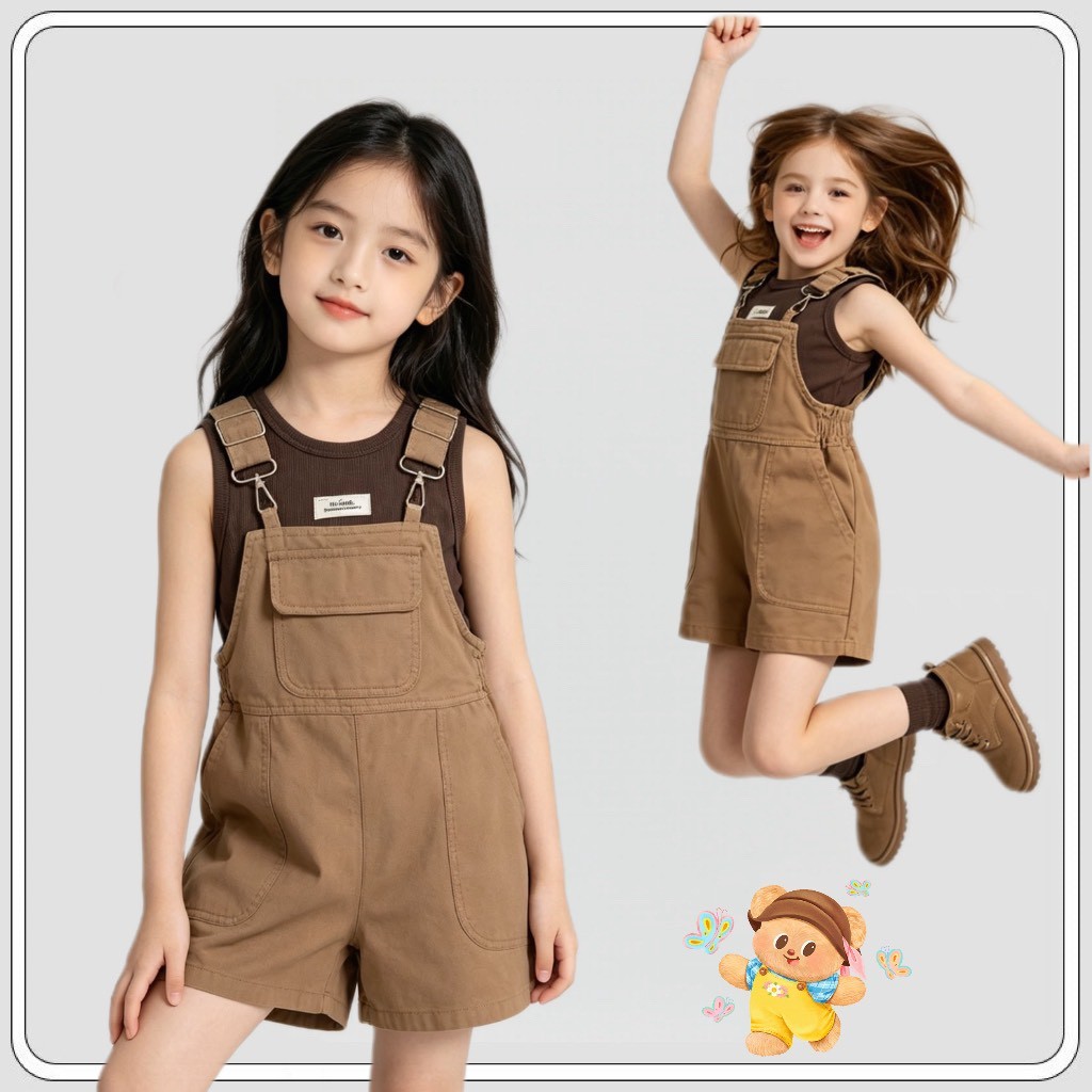 MC345 โอเวอร์ออลเด็กผู้หญิง กางเกงสายสะพายสีน้ำตาล ผ้านุ่ม เซตเสื้อกล้ามแยกได้