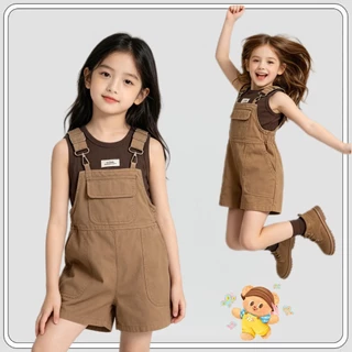 MC345 โอเวอร์ออลเด็กผู้หญิง กางเกงสายสะพายสีน้ำตาล ผ้านุ่ม เซตเสื้อกล้ามแยกได้