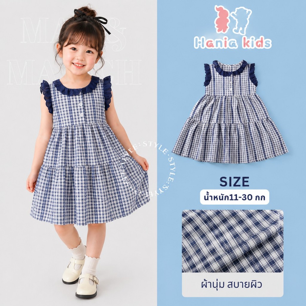 Hania kids ชุดเดรสลายสก็อตน่ารักๆตกแต่งลูกไม้ สไตล์เกาหลี พร้อมส่งในไทย - K6125998