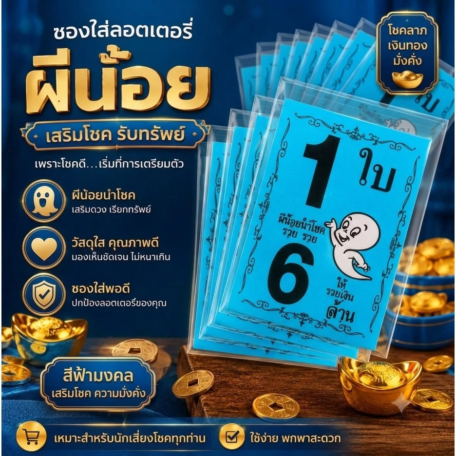ซองแก้วใส สกรีน1ใบ6ล้าน ซองใสใส่ลอตเตอรี่ มี 6สี ซองแก้วใสใส่ลอตเตอรี่1แพค 20 บาทได้100ซอง สำหรับใส่สลากกินแบ่งรัฐบาล