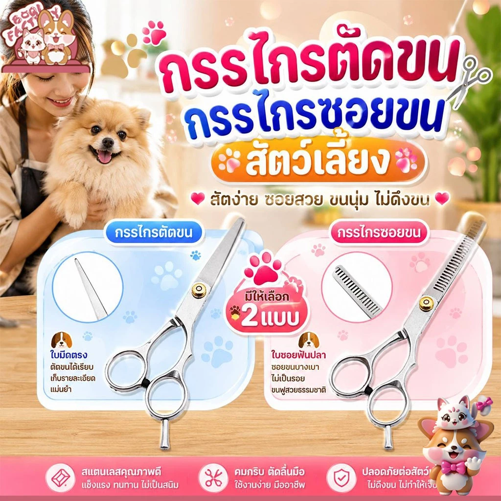 Boqi Factory กรรไกรตัดขน + กรรไกรซอยขนสัตว์เลี้ยง สแตนเลส สำหรับสุนัขและแมว มีให้เลือก 2 แบบ Scissors
